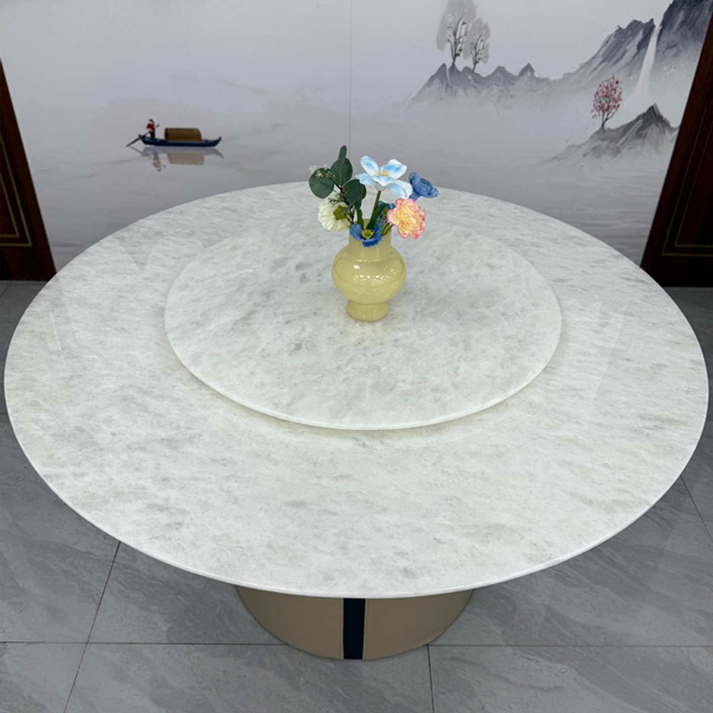 冰晶白玉奢石餐桌天然大理石餐桌椅组合皇家卡里冰玉圆桌家用饭桌