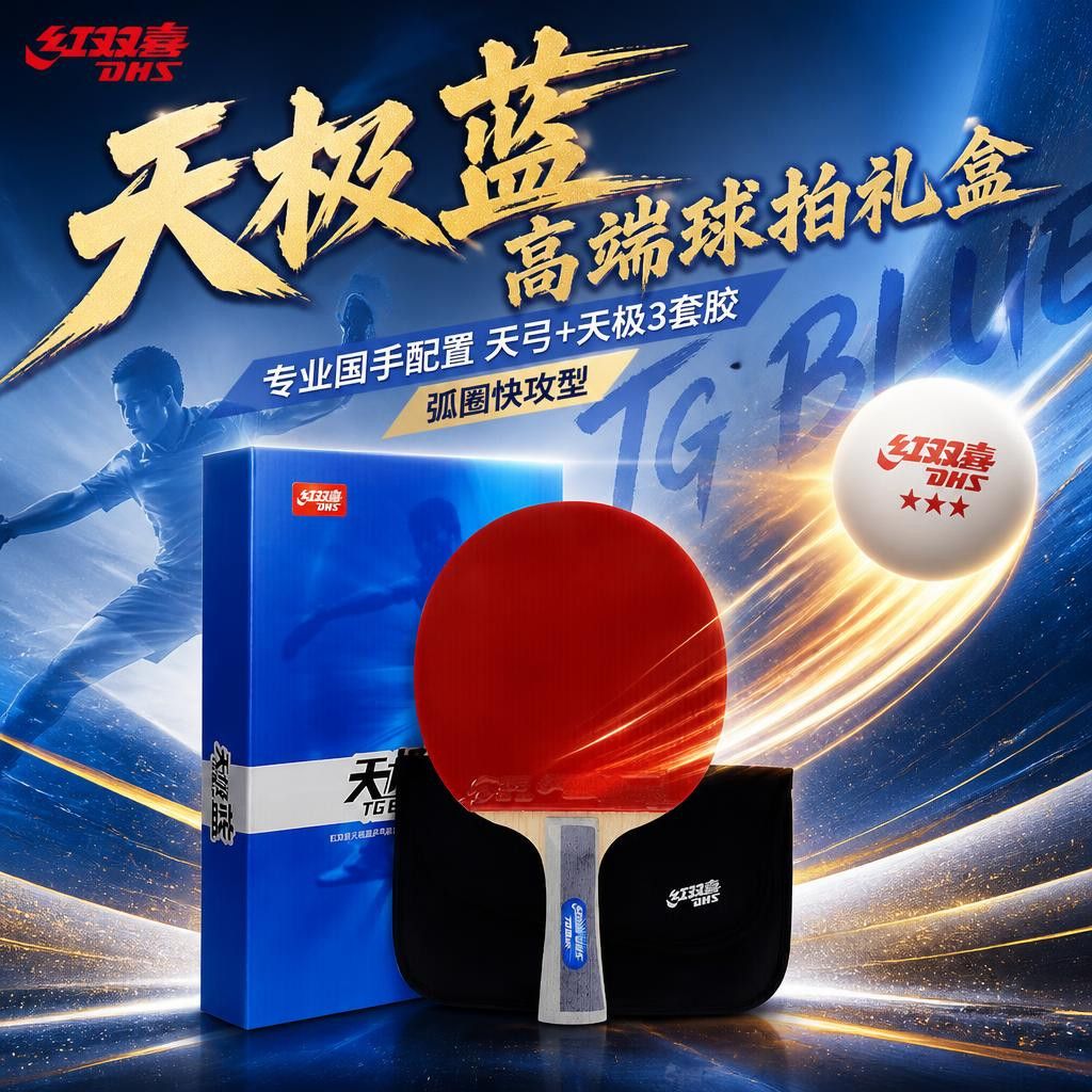 红双喜专业10星级乒乓球拍高端礼盒天极蓝横拍直拍双面反胶含拍包