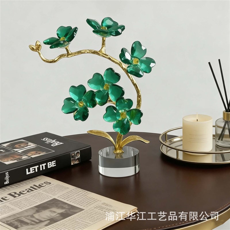 现代金属叶子鲜花水晶底座桌面装饰摆件 轻奢风水晶花朵软装摆设