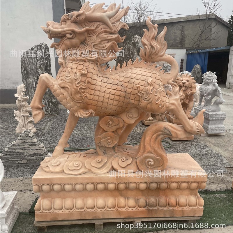 石雕麒麟一对晚霞红中式庭v院家用招财汉白玉貔貅看门口摆件公司