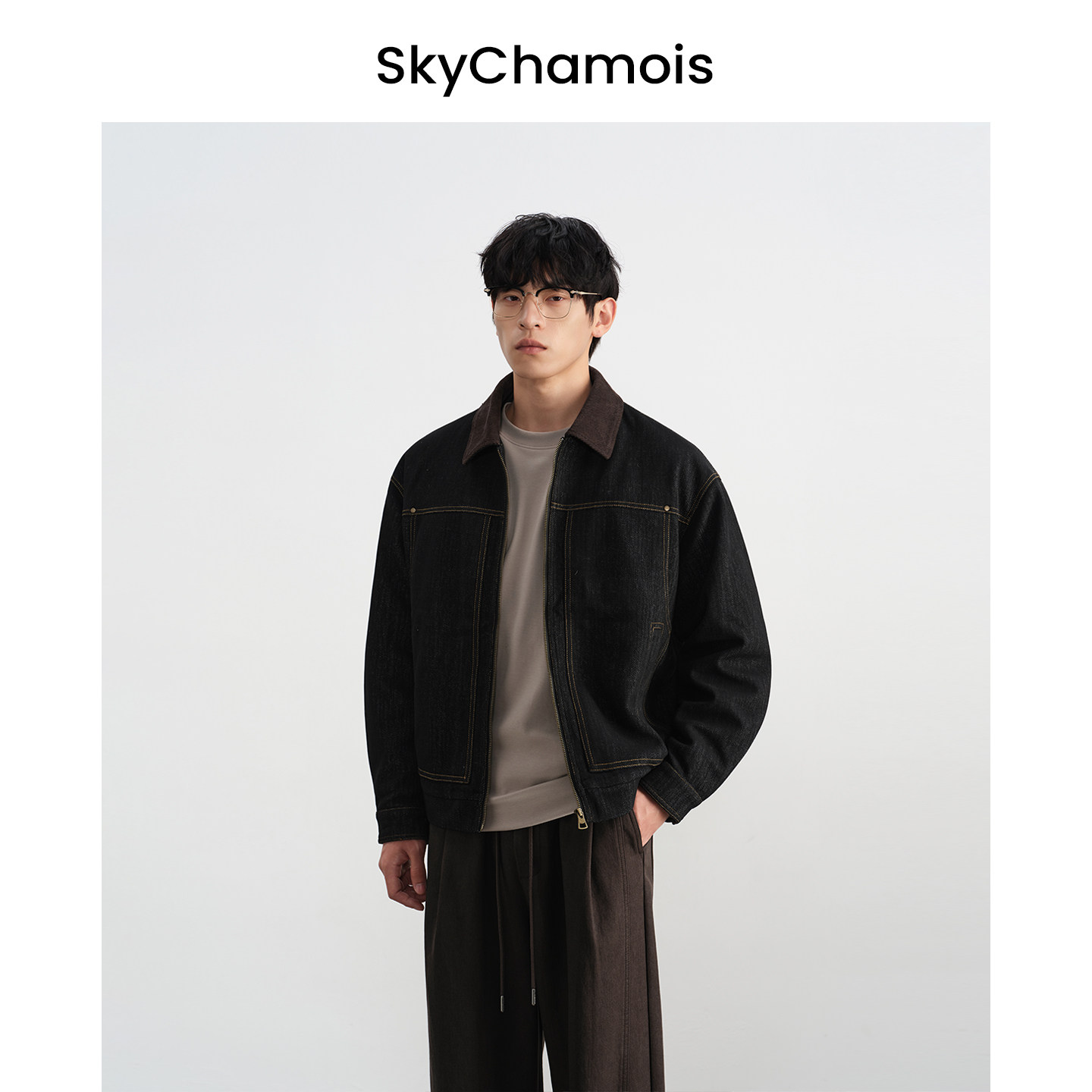 SkyChamois【买3免1】撞色翻领牛仔外套秋季复古拼接宽松休闲上衣
