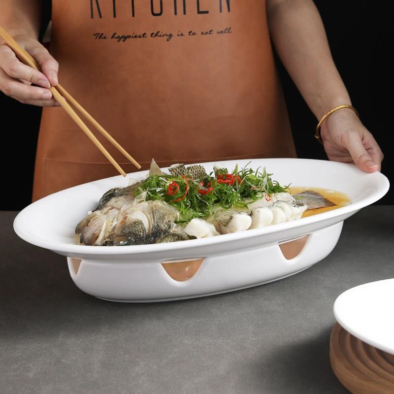鱼盘加热保温蒸鱼碟子椭圆盘装菜盘明炉餐具饭店专用蒸鱼陶瓷盘子图片