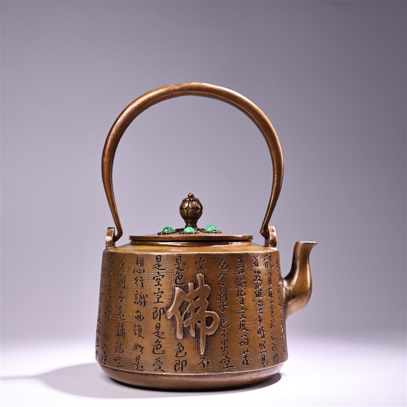 仿古铜浮雕錾刻工艺镶嵌u宝石茶壶 古玩收藏 家居装饰工艺品