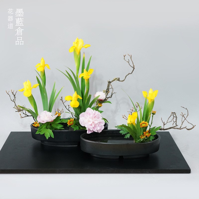 小原流插花花道课标准花器t 日式插花陶瓷黑色椭圆小判 水仙盆水