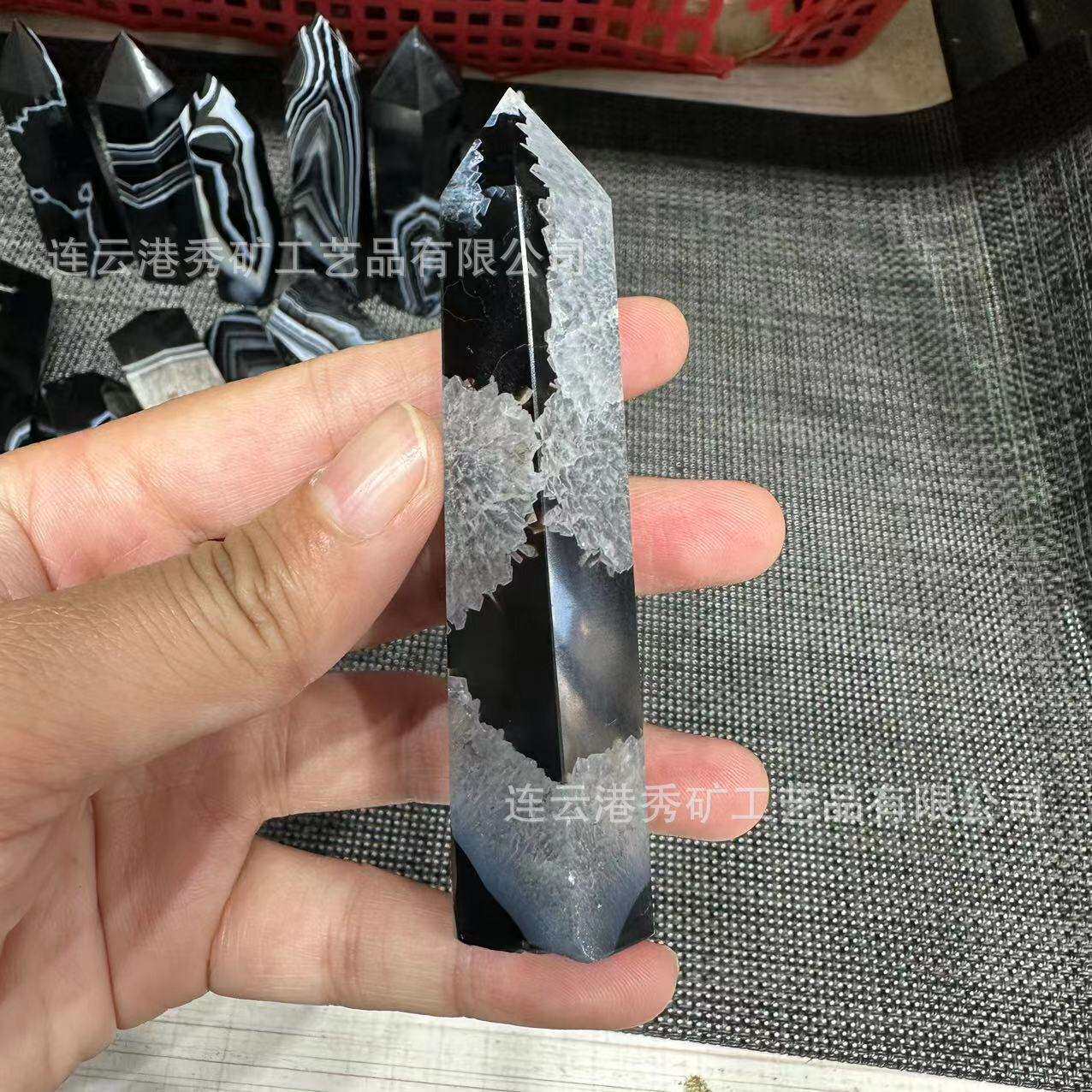 天然水晶黑玛瑙柱子原石纯手工打磨六棱单尖柱子摆件创意装饰