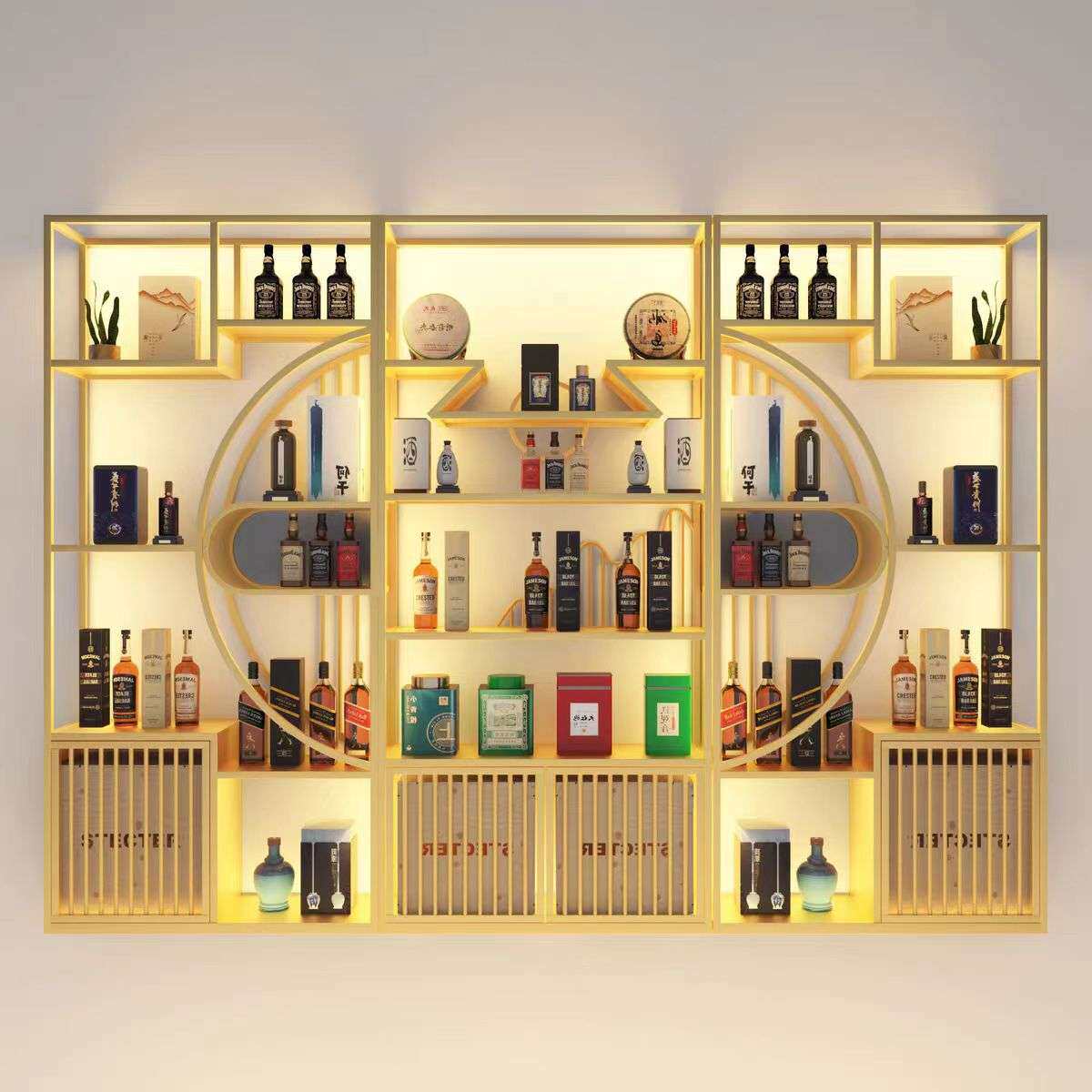 新中式酒柜博古架组合轻奢铁艺置物架酒架办公室隔断多宝阁展示架