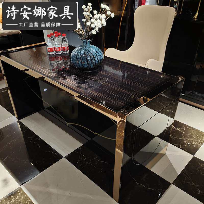 后现代皮艺书桌椅组合书房简约写字台实木雕花电脑桌意式轻奢家具