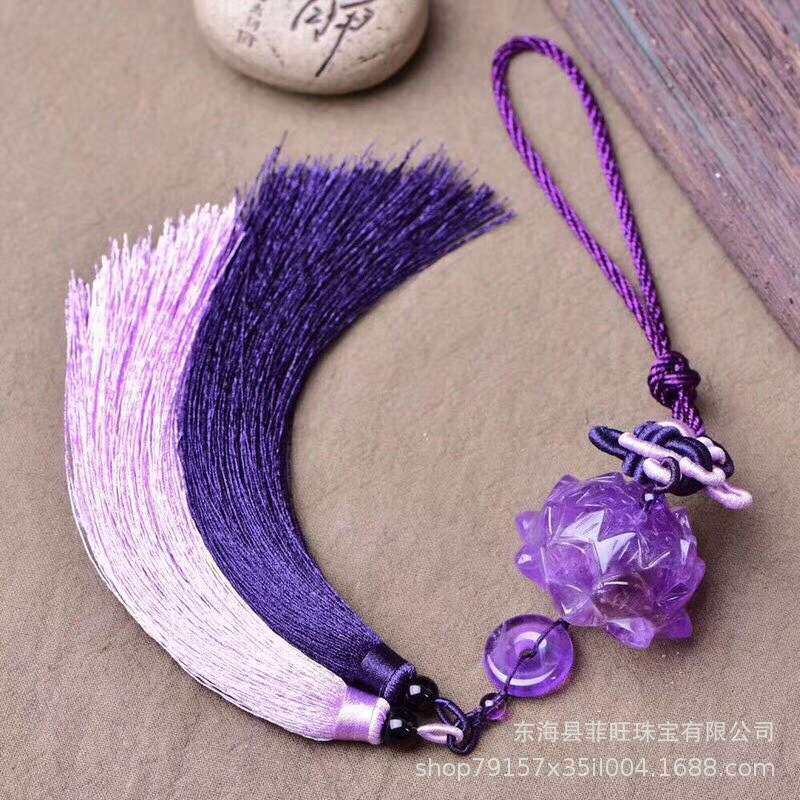 天然紫晶雕刻莲花搭配手工编织流苏中国结车挂紫水晶平安扣车挂