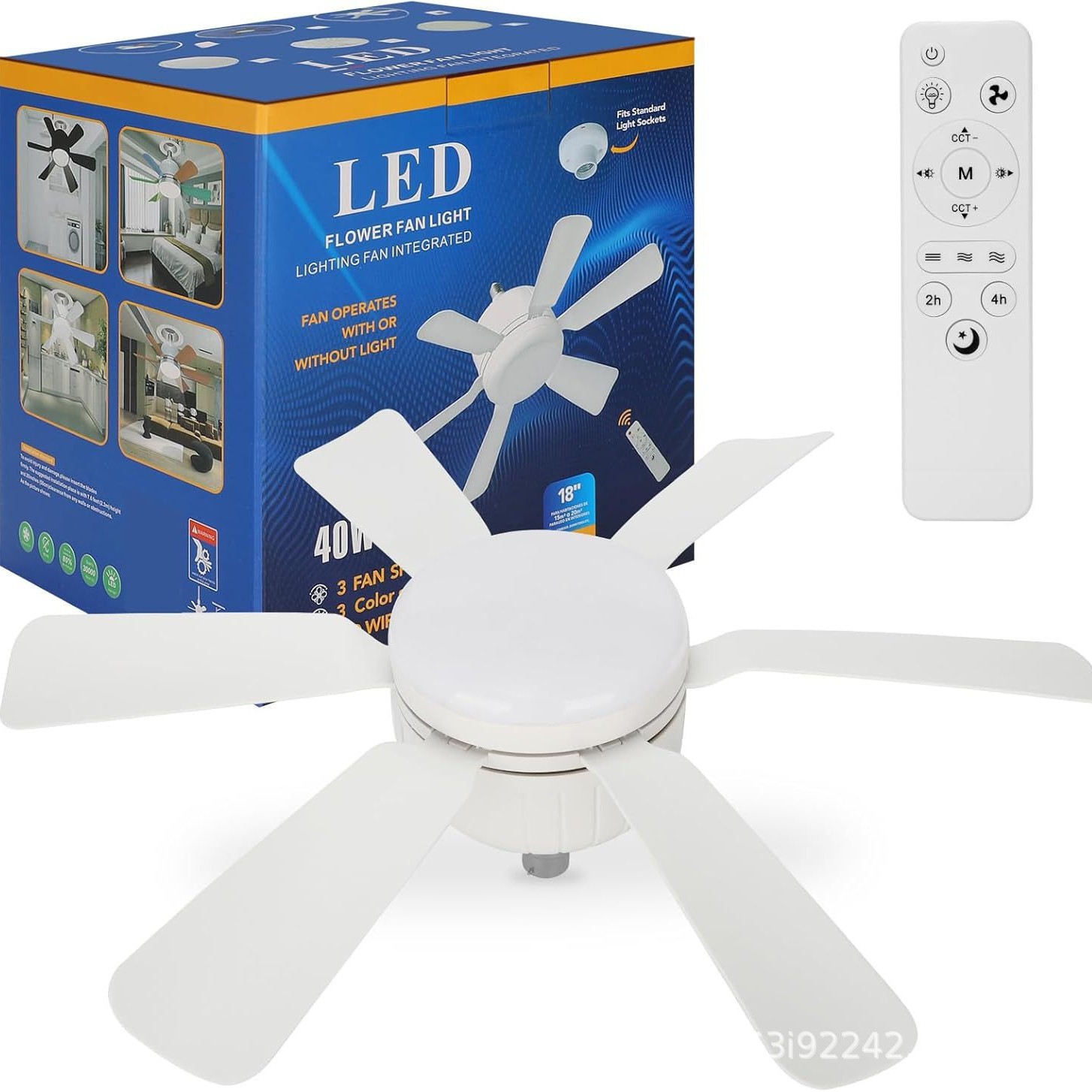 跨境吊扇灯LED插风叶E27E26风扇灯多功能三色调光卧室客厅可调光