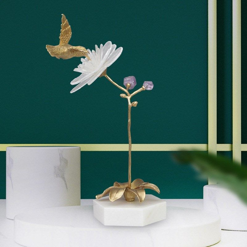 轻奢后现代家居客厅茶几电视柜玄关装饰品水晶石花铜鸟艺术品摆件