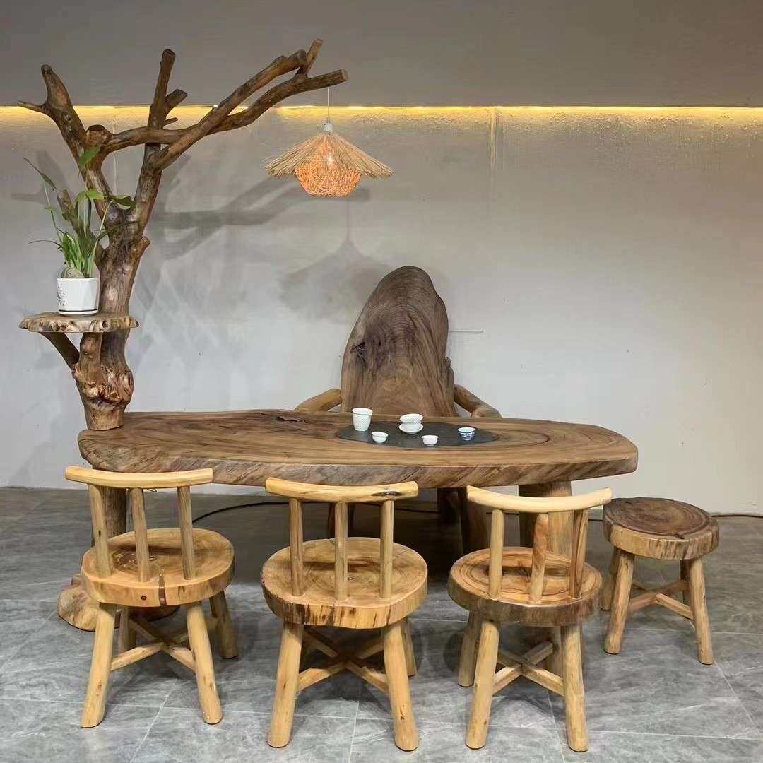实木茶几香樟木独板异形茶台椭圆户外庭院创意树叉灯架茶桌椅组合