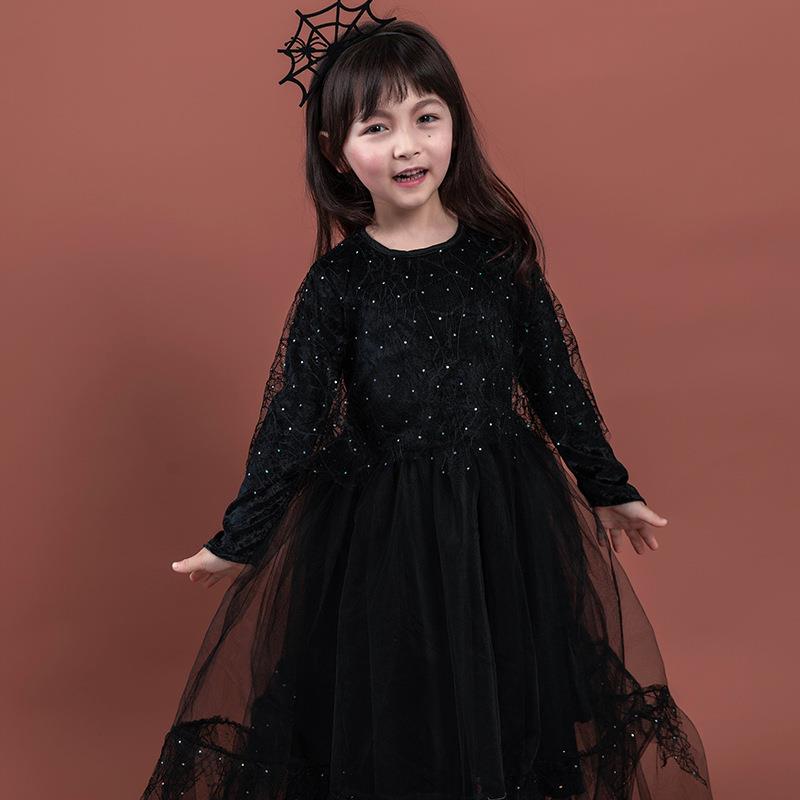 厂家直供万圣节儿童演出服表演服黑色蜘蛛巫婆裙装扮服饰道具
