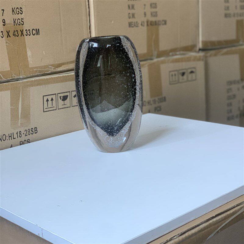 厂家直销手工吹制高品质厚底灰色气泡玻璃花瓶软装样板房客厅花器