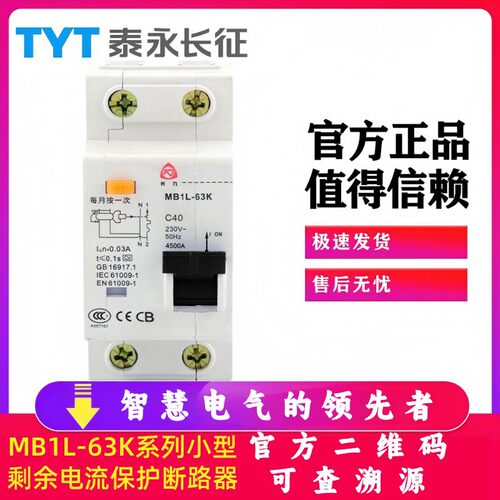 MB1L-63K漏电保护开关AC型32/16TYT泰永长征长九50A10A1P+N断路器