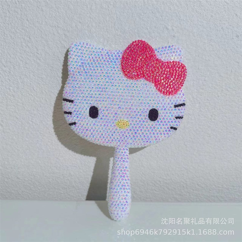 卡通猫咪水钻美妆镜贴钻粉色少女心台镜梳妆镜旋转镜节日直播款