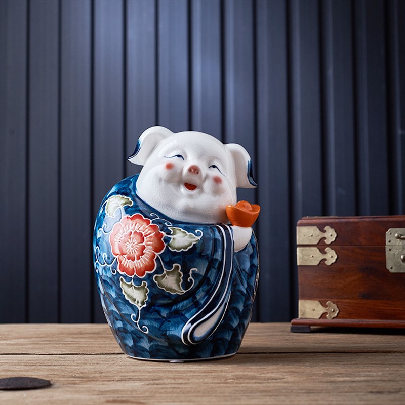 陶瓷摆饰彩绘猪存钱罐国风复古五福临门系列家居陶瓷摆件送礼
