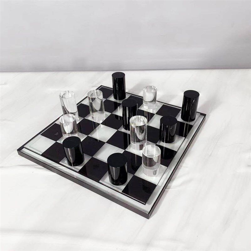现代水晶玻璃黑白棋子格子棋盘摆件家居客厅玄关电视柜样板间摆饰