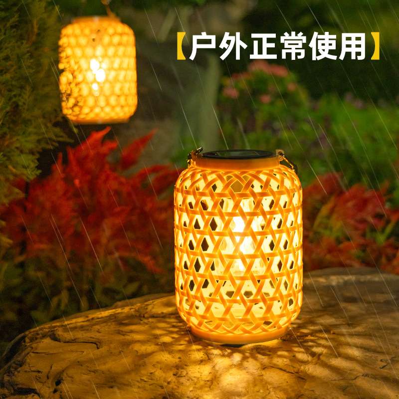 太阳能手提灯仿竹编灯笼灯田园户外景观装饰氛围庭院灯太阳能板图片