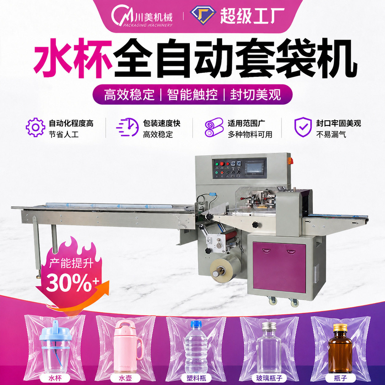 水杯套袋机袋装水壶塑料瓶卷膜全自动包装机玻璃瓶子枕式包装机