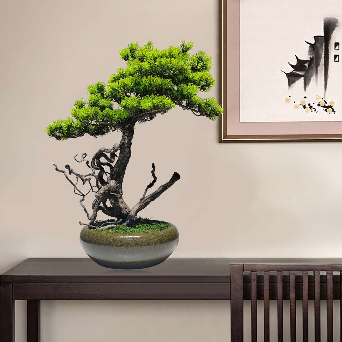 仿真迎客松盆景绿植盆栽客厅电视柜玄关办公室家居装饰新中式摆件