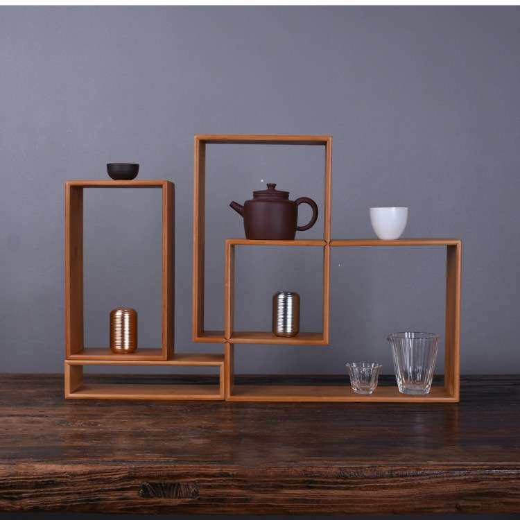 简约现代竹制博古架茶具架摆件实木小展示柜茶具茶杯收纳组合
