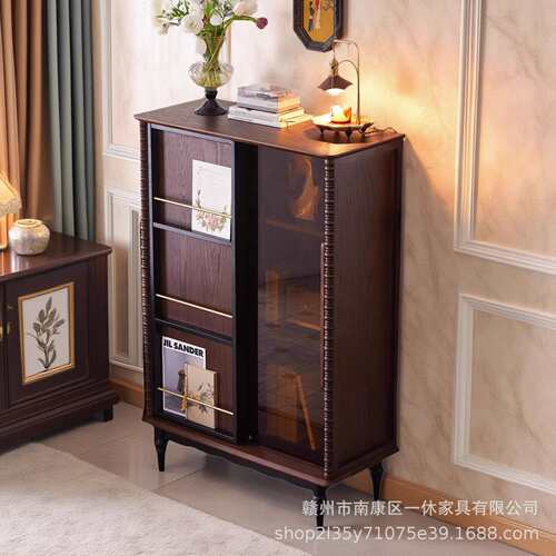 法式复古实木书柜客厅靠墙储物柜卧室收纳柜展示柜中古风实木书柜