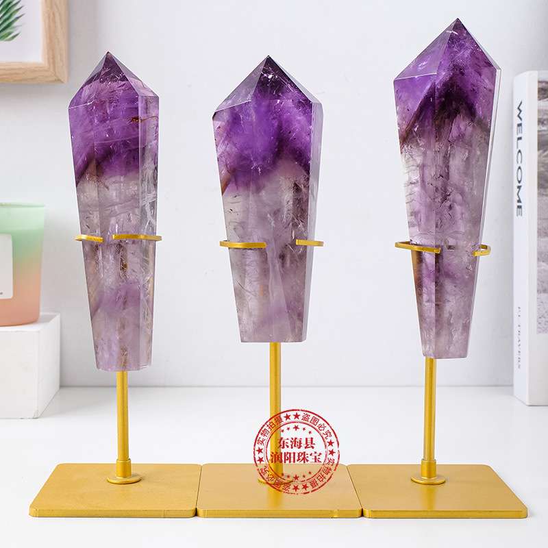 天然巴西紫水晶魔法权杖摆件紫晶骨干六角柱水晶塔家居装饰送底座