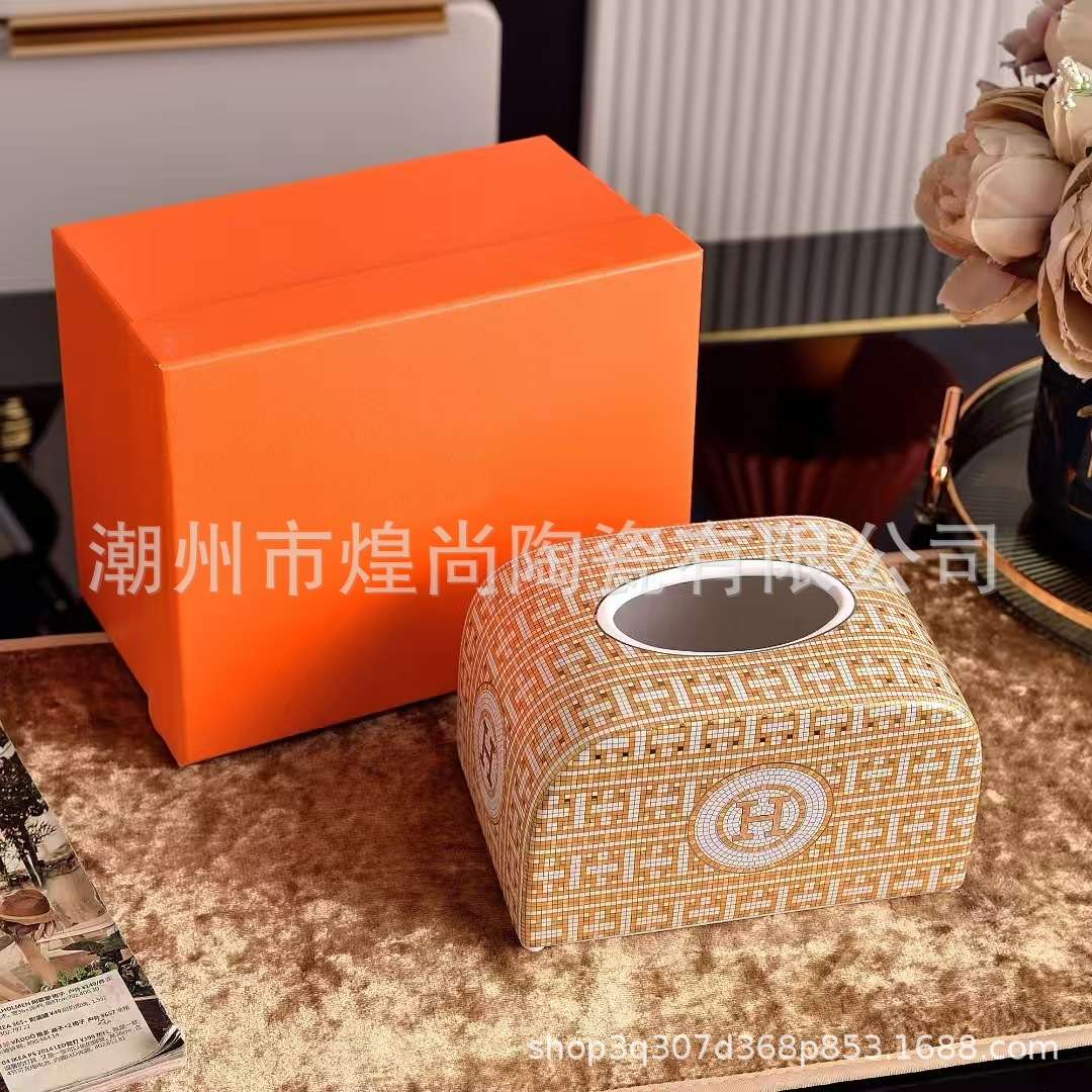 欧式H马赛克陶瓷餐纸巾盒客厅摆件家用茶几餐桌收纳盒陶瓷抽纸盒