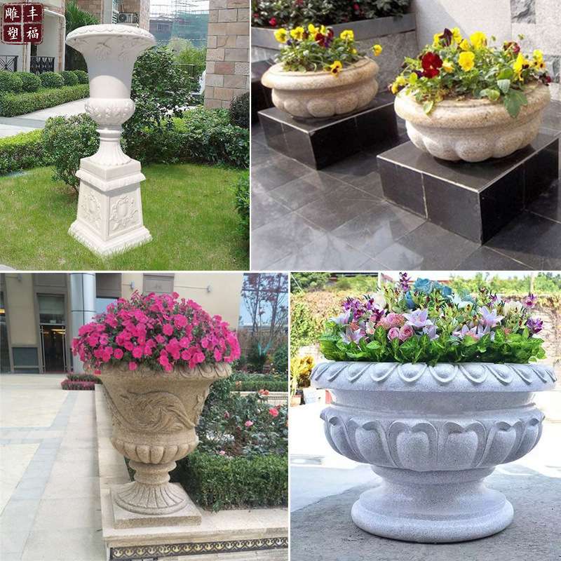 欧式石雕花盆厂家庭院别墅石缸户外圆形景观花盆雕塑花钵装饰摆件