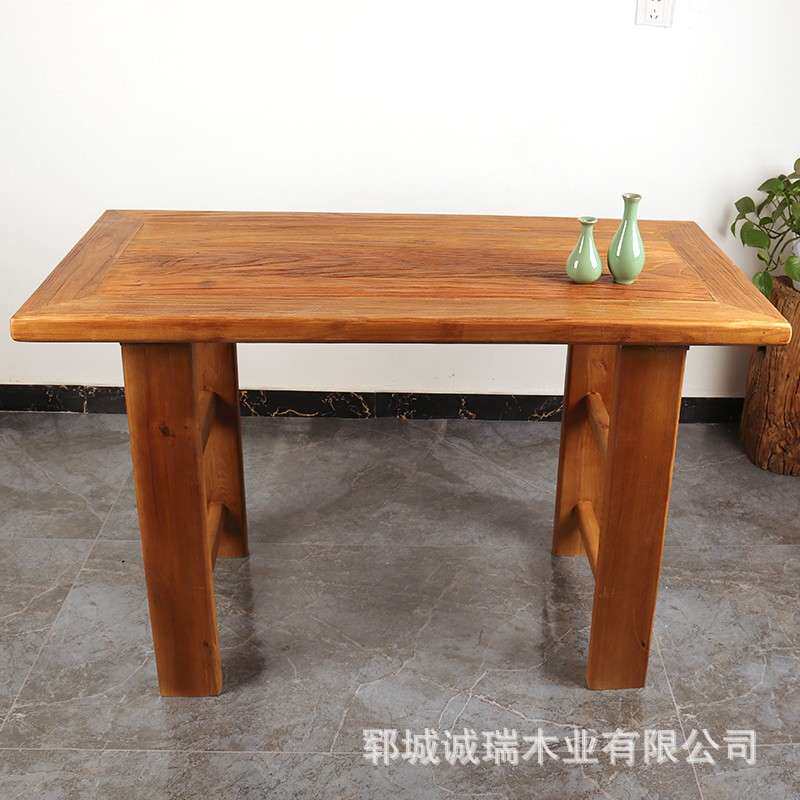 北方老榆木茶桌长条椅禅意茶室大板桌户外阳台实木老门板茶几桌子