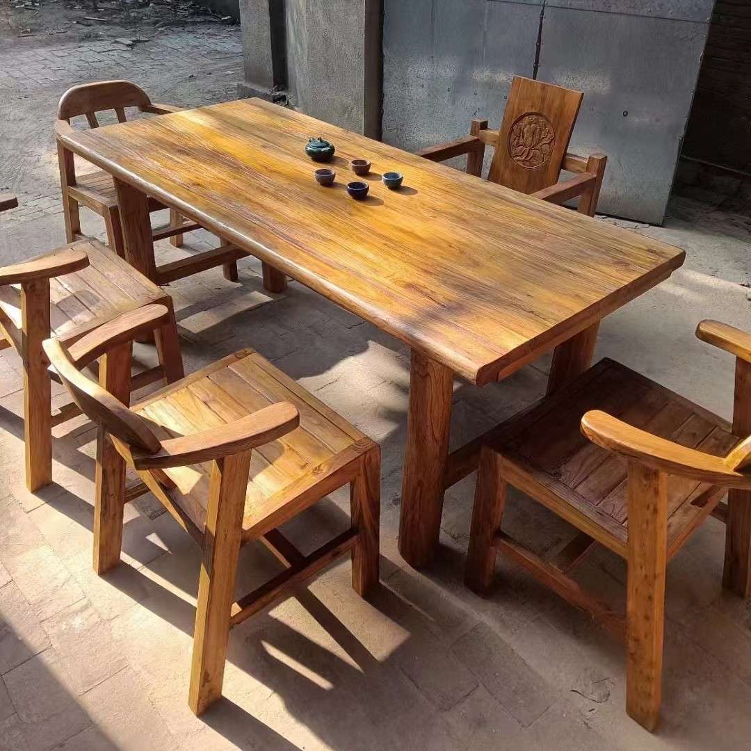 老榆木大板桌长方形实木茶桌中式茶台老榆木条桌泡茶台家用茶几桌