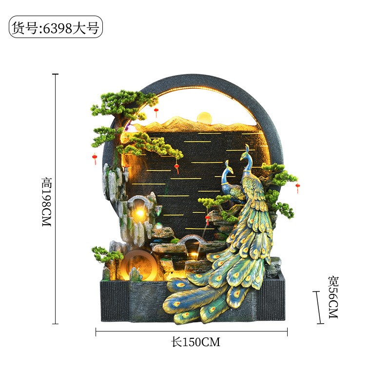 假山流水喷泉水幕墙中式孔雀屏风庭E院造景装饰风水轮前台落地摆
