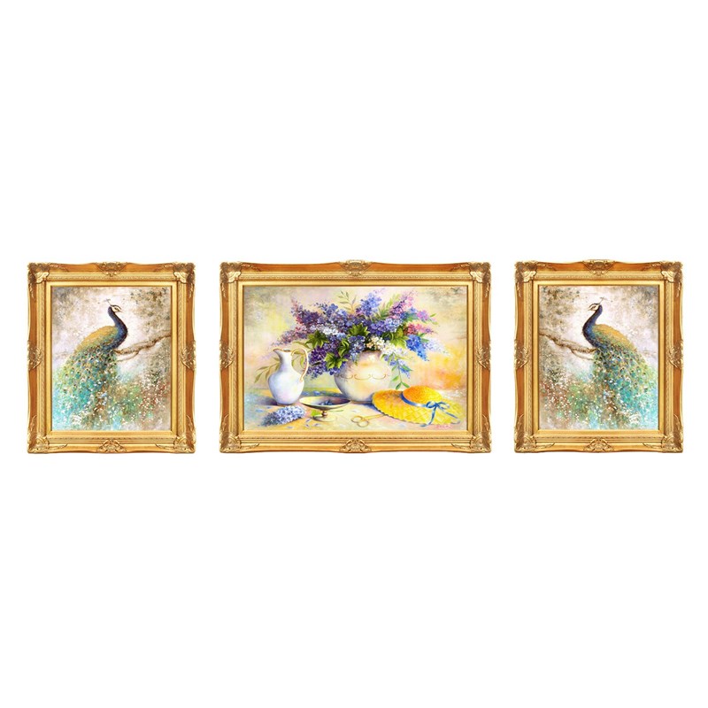 客厅背景装饰画 孔雀花卉油画 壁画欧式大气三联组合挂画