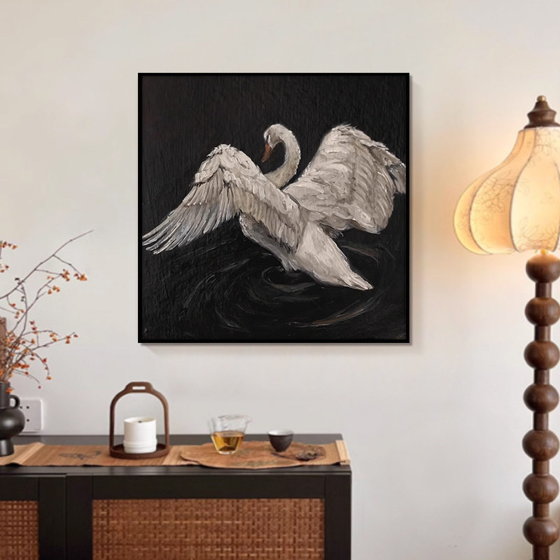 法式小众挂画复古餐厅卧室床头玄关柜摆画高级感黑色装饰画白天鹅