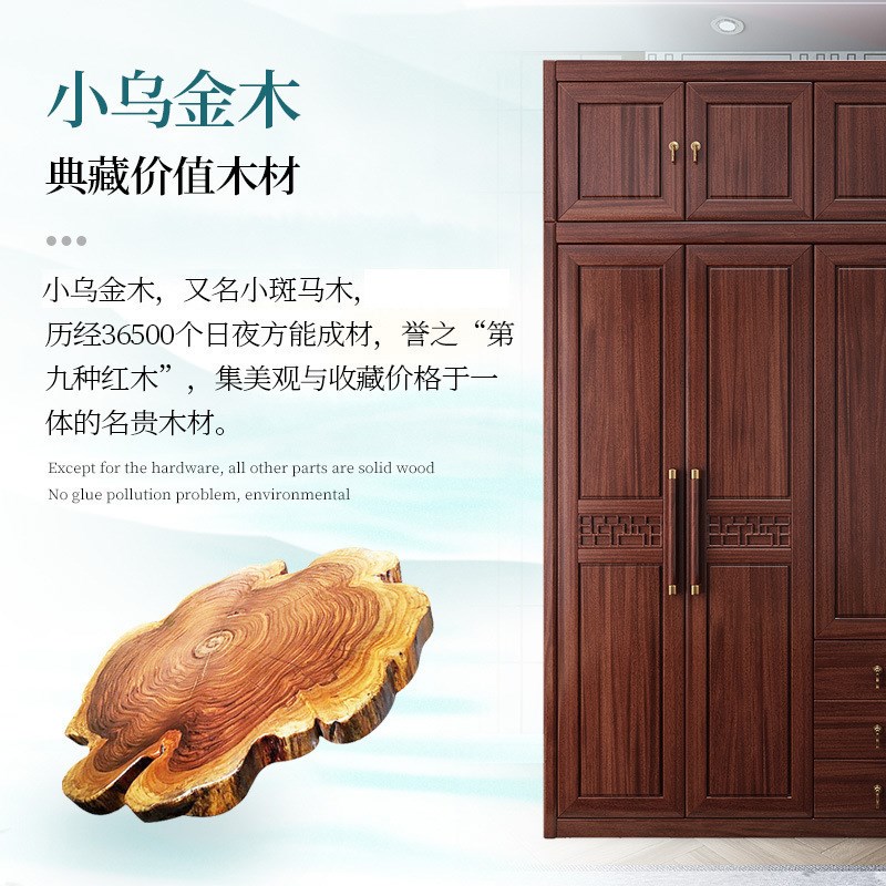 乌金木全实木衣柜卧室原木新中式五开门I收纳储物柜家用实木大衣
