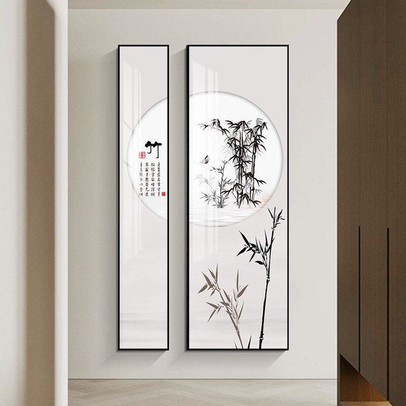 入户玄关装饰画走廊过道新中式山B水挂画办公室茶室两联竖版墙壁