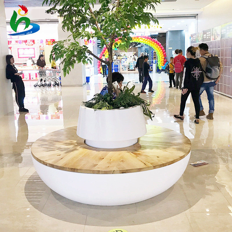 厂家直供玻璃钢圆形花盆组合创意商场酒店广场户外美陈休闲椅坐凳