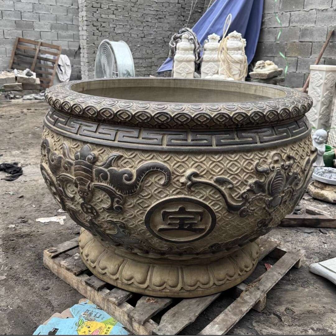 青石做旧带兽石雕缸别墅庭院百福聚宝盆圆形户外流水石缸养鱼摆件