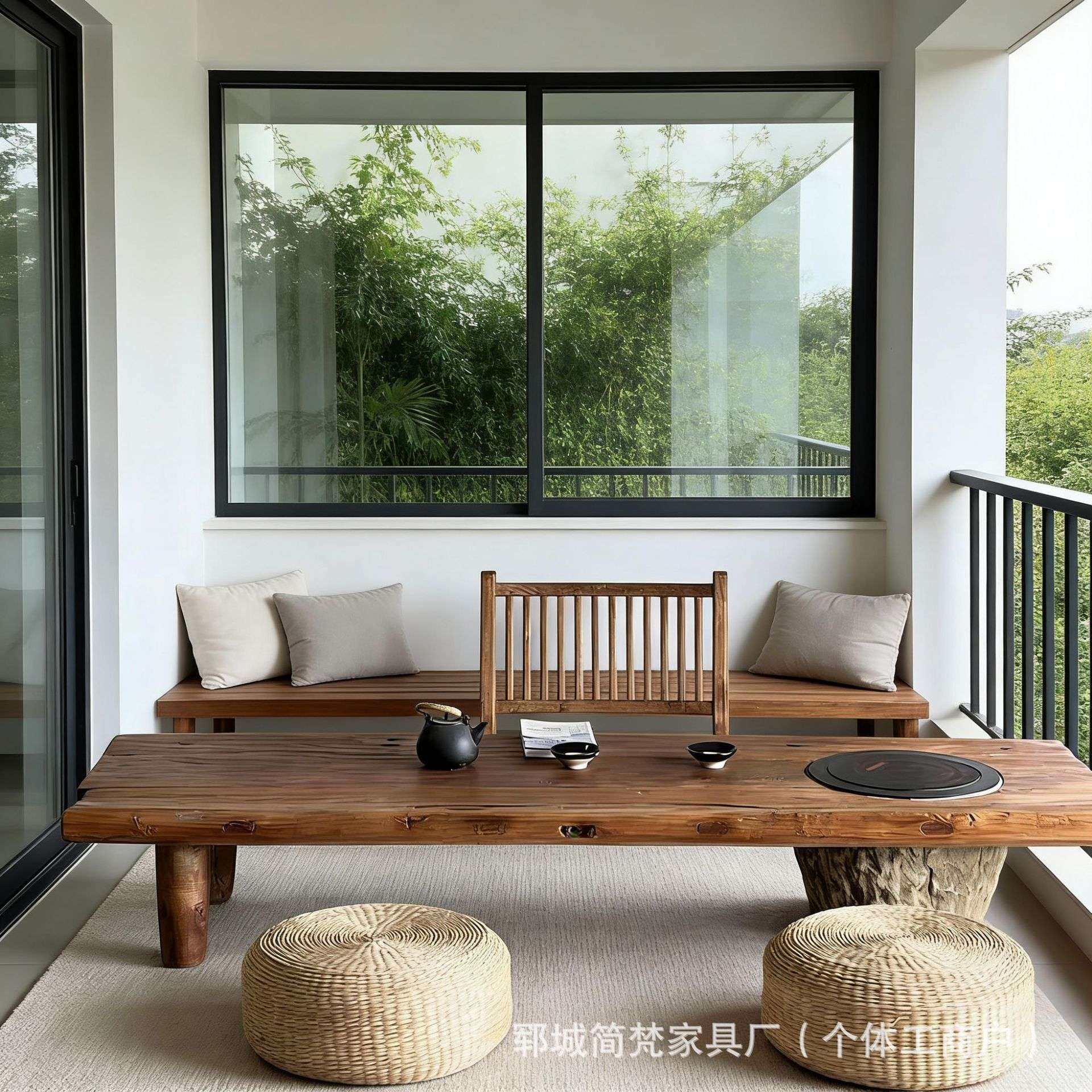 老榆木围炉煮茶桌烧烤桌长方形大板泡茶桌实木办公茶台围炉烧烤桌