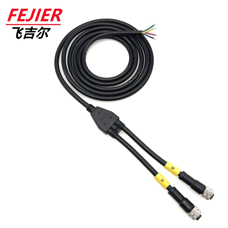 M12一拖二分线器 Yp型监控设备4芯航空插头 电源信号传输Y型连接