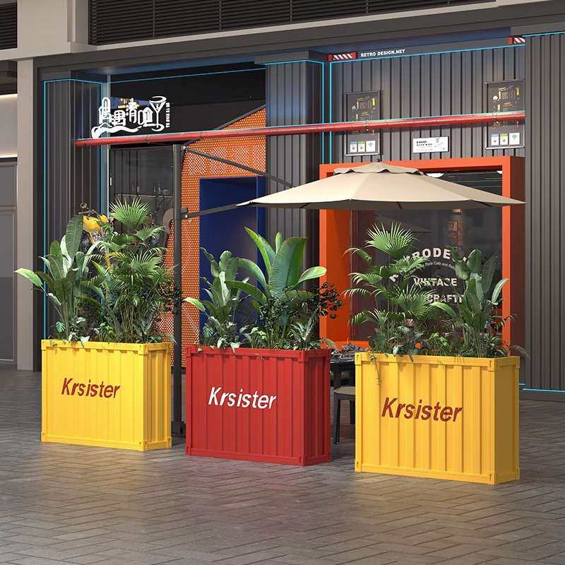 商场装饰不锈钢花箱室内集装箱工业风花盆外摆复古做旧金属花钵