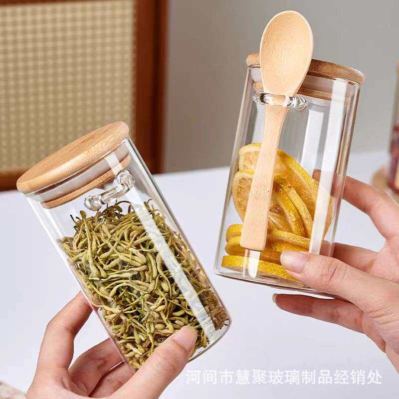 玻璃密封罐咖啡豆储存罐日式调料瓶厨房储物罐套组带木勺收纳架