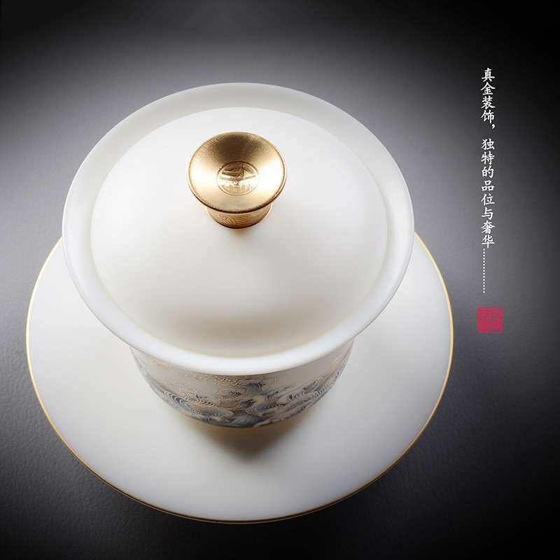 羊脂玉白瓷素烧盖碗茶杯单个高端陶瓷纯手工茶具套装茶具配件