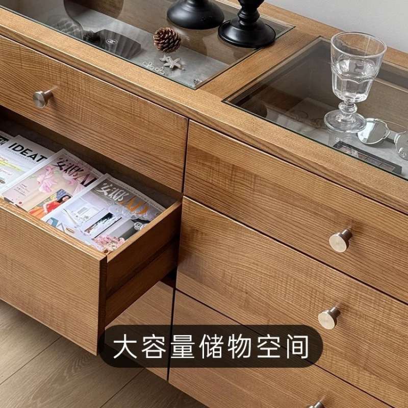 美式简约复古实木橡木六斗柜3层带抽屉橡木条纹玻璃面环保玄关柜