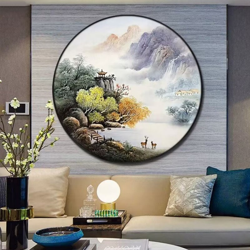 手绘油画a新中式流水生财风景客厅餐厅圆形装饰画山水聚财高档挂