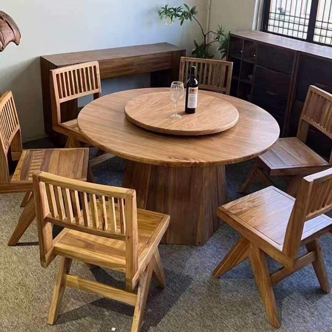 实木圆形餐桌老榆木小户型咖啡桌阳台茶桌网红奶茶店餐桌多人餐桌