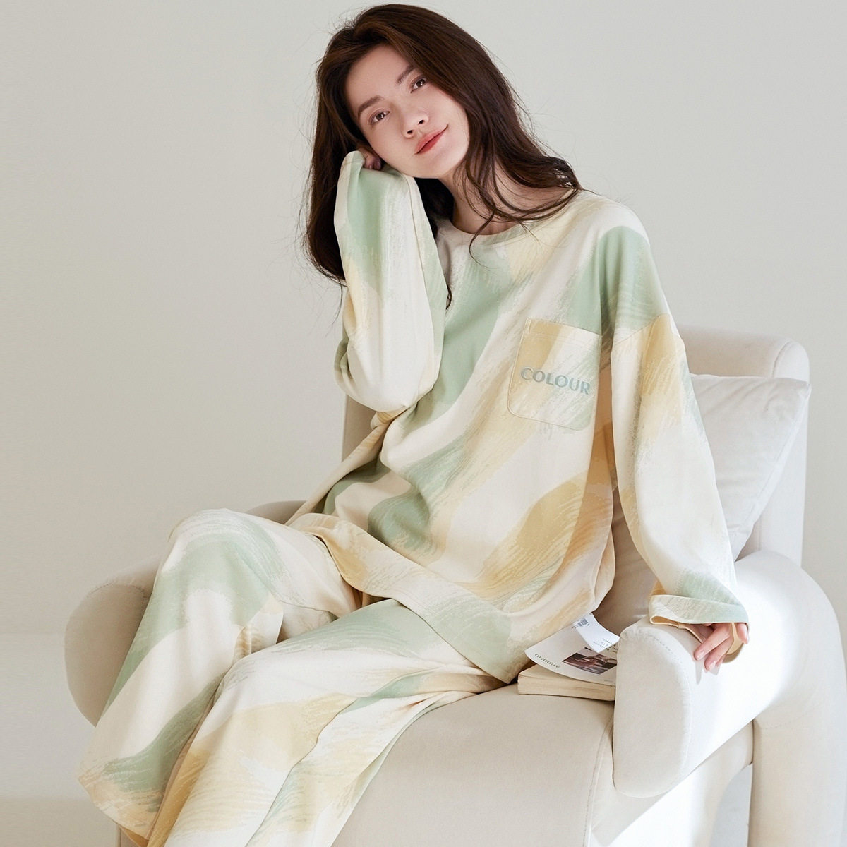 100%纯棉新款睡衣春秋季圆领长袖少女士休闲晕染全棉家居服秋冬天