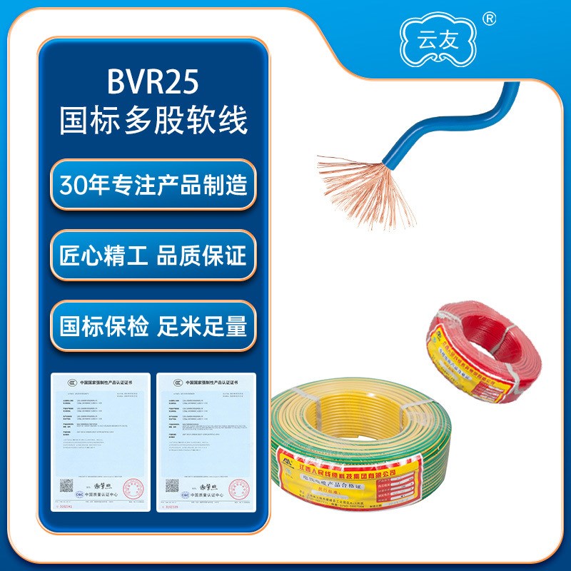 人民线缆BVR多股软电线电缆BVR25平方电线铜芯国标电Z线电缆纯铜