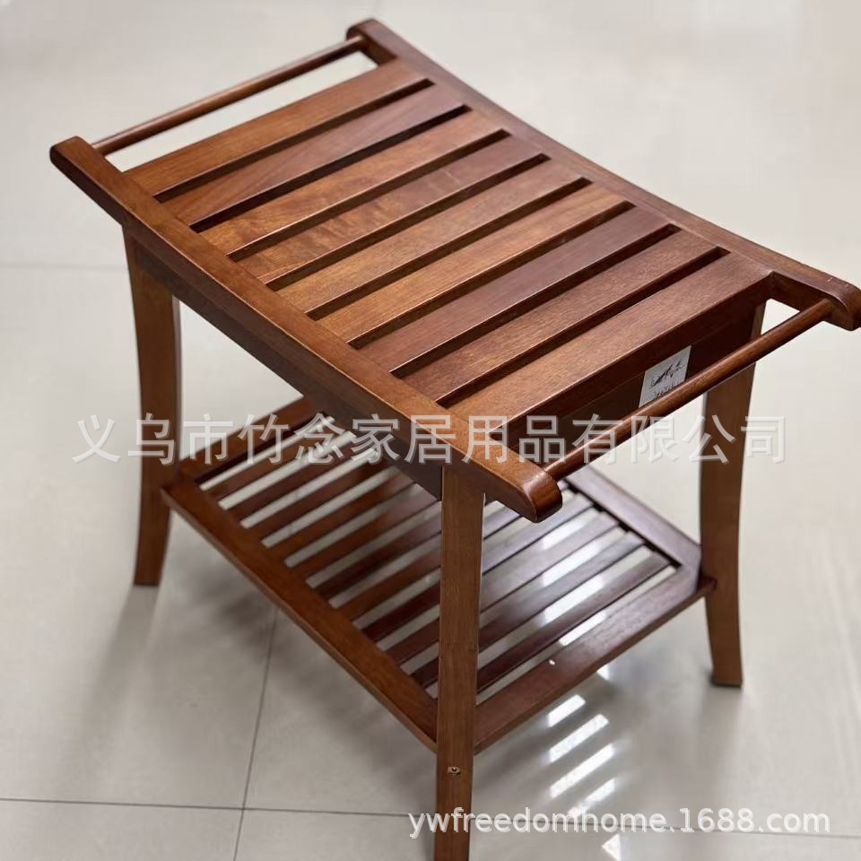 现货跨境柚木浴室凳新款带扶手双层置物凳卫生间泡脚凳实木淋浴凳