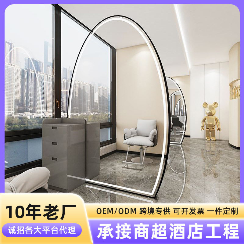新款网红理发店镜子美发店落地镜台发廊专用带柜子烫染区剪发镜